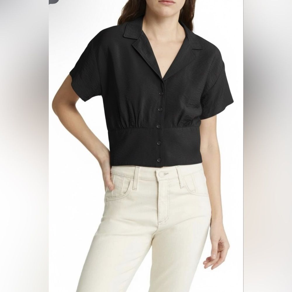 Madewell Drapey Banded-Bottom Button-Down Top In Black Size Small Euc